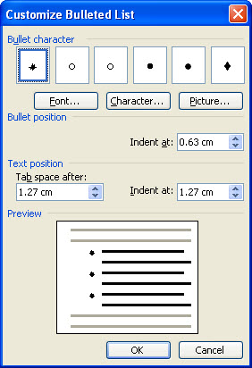 MS Word's Customize Bulleted List Dialog