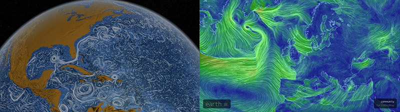 NASA Perpetual Ocean (left) and Earth Wind Map (right): Two data visualisation examples that are even more mesmerising live as a moving map display.